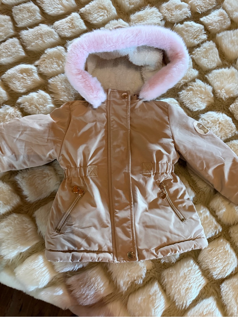 Kids Pink Hooded Winter Jacket with Faux Fur Trim